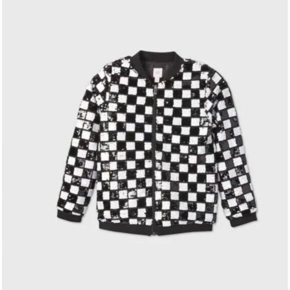 Girls  Flip Sequin Checkered Bomber Jacket 4/5 - Picture 1 of 1